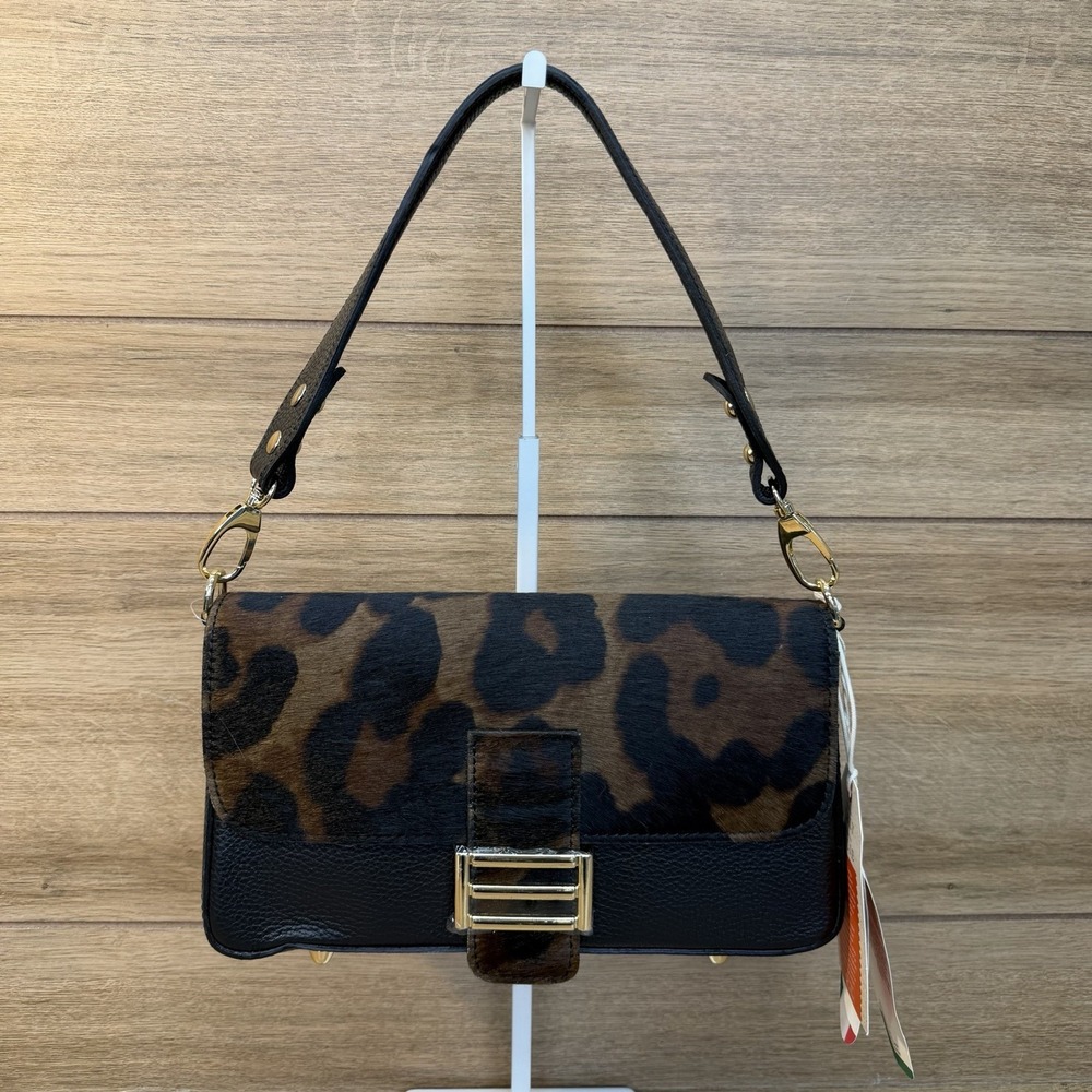 Divine Firenze Italy Calf Hair Cowhide Leather Baguette Shoulder Bag Leopard NWT